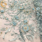 Tissu bleu de dentelle de la fleur 3D de polyester de 20% pour la robe de soirée